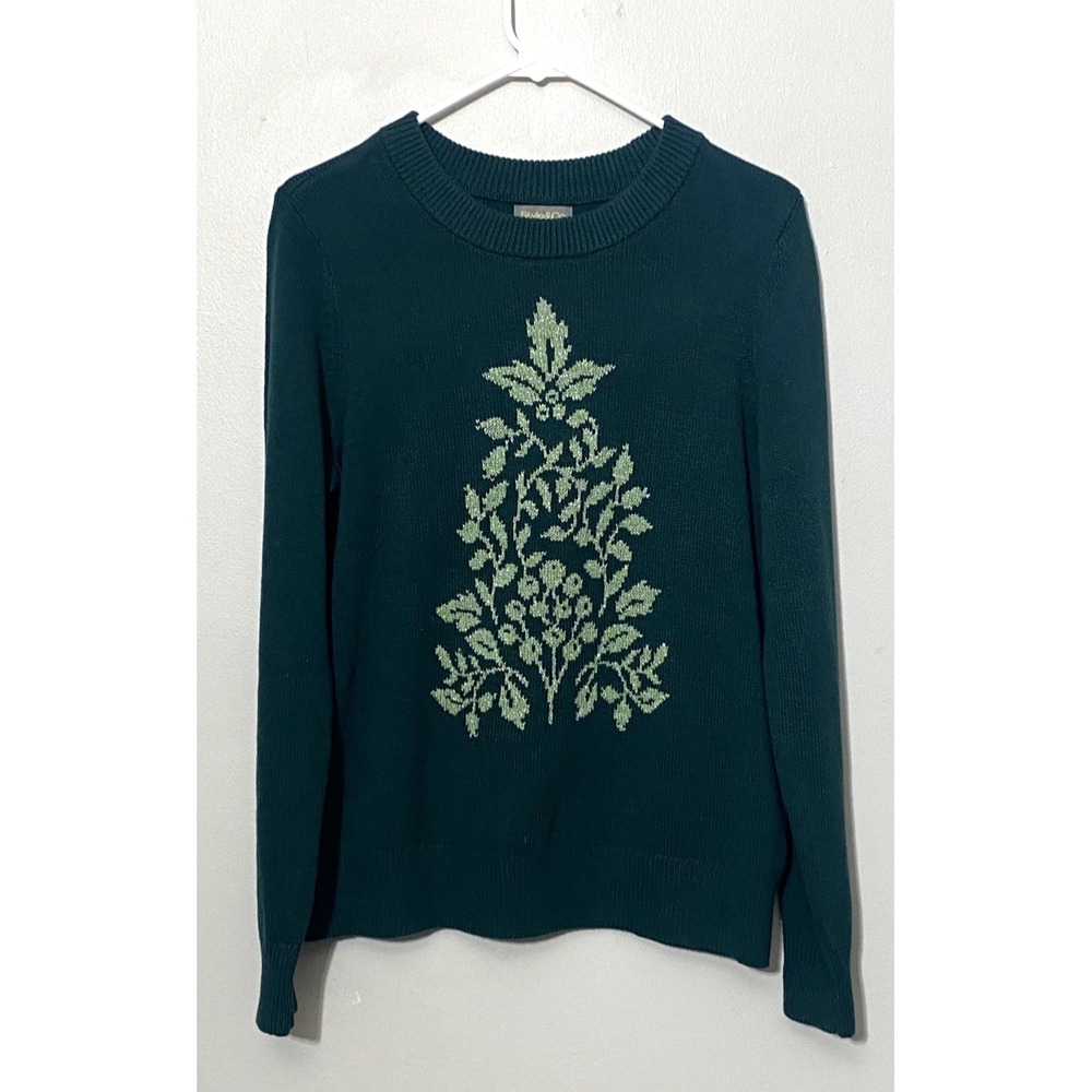 Women's Holiday Sweater Medium Green Knit Christmas Sparkle Crewneck Pullover